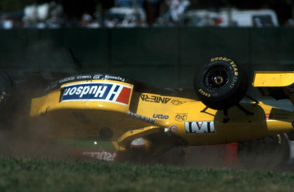 Luca Badoer(ITA) flips his Forti, luckily with no injury Argentine GP, Buenos Aires, 7 April 1996