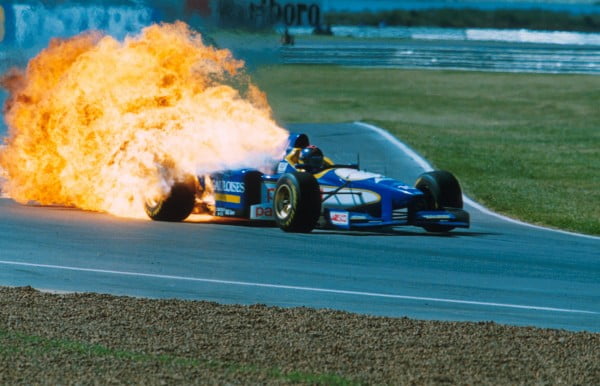 An open fuel valve on Pedro Diniz's Ligier caused the car to burst into flames Argentine GP, Buenos Aires, 7 April 1996