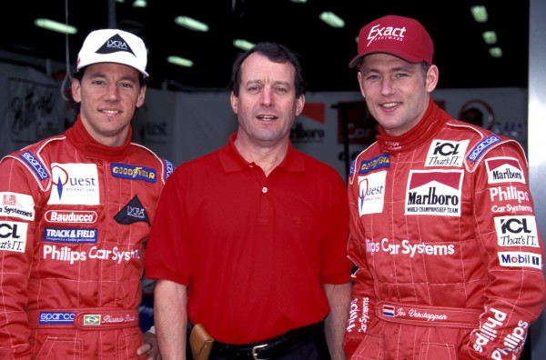 1996 Footwork team mates Ricardo Rosset (BRA), left, and Jackie Oliver (GBR) Footwork Team Principal with Jos Verstappen (NDL), right. Australian Grand Prix, Rd7, Melbourne, Australia, 10 March 1996.