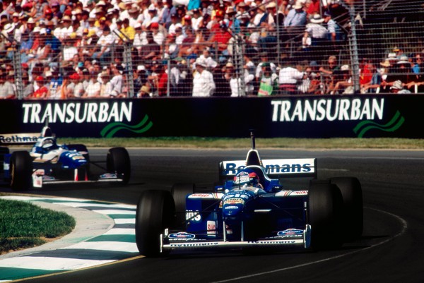 Second placed Jacques Villeneuve (CDN) Williams FW18, who took pole position on his GP debut and led most of the race, leads his team mate and race winner Damon Hill (GBR) Williams FW18. Australian Grand Prix, Rd 1, Albert Park, Melbourne, Australia, 10 March 1996.