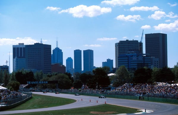 The city of Melbourne dominates the background of this new GP circuit. Jacques Villeneuve (CDN) Williams FW18 leads from Damon Hill ((GBR)) Williams FW18. Australian Grand Prix, Melbourne, 10th March 1996