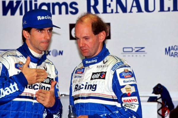 (L-R): Damon Hill (GBR) Williams talks with Adrian Newey (GBR) Williams Technical Director. Formula One World Championship, European Grand Prix, Nurburgring, Germany, 28 April 1996.