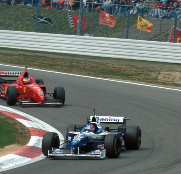 Winner Jacques Villeneuve(CDN) Williams FW18 leads Michael Schumacher European Grand Prix, Nurburgring, 28th April 1996