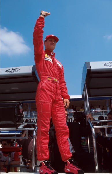 Michael Schumacher(GER) Ferrari F310 acknowledges the local support German Grand Prix, Hockenheim, 28th July 1996