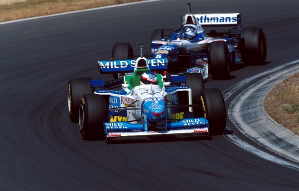 Jean Alesi(FRA) Benetton B196 leads Damon Hill Hungarian Grand Prix, Hungaroring, 11th August 1996