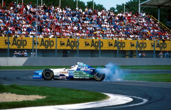 Jean Alesi(FRA) Benetton B196 spins after colliding with Olivier Panis San Marino Grand Prix, Imola, Italy, 5th May 1996