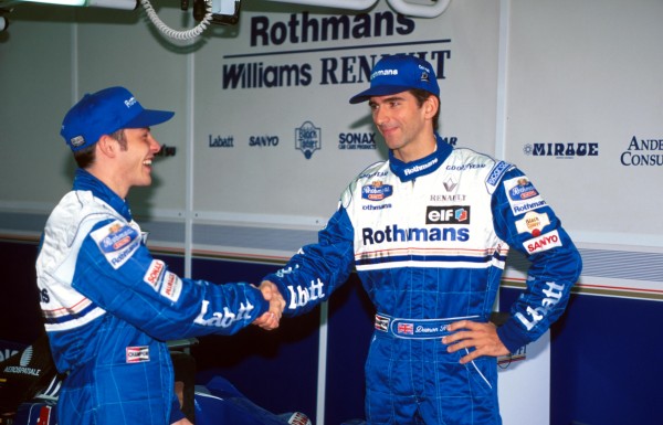 Best of friends before the race. Let's have a clean fight. Damon Hill (GBR) right and team mate Jacques Villeneuve (CDN) shake hands. Japanese Grand Prix, Suzuka, 13th October 1996