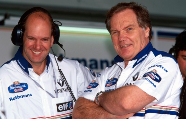 Adrian Newey and Patrick Head(GBR) Williams Technical Director, right. All smile with a guarenteed championship Portugese GP, Estoril, 22 Septemeber 1996