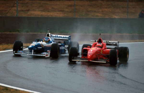 Winner Michael Schumacher(GER) Ferrari F310 overtakes Villeneuve Spanish Grand Prix, Barcelona, 2nd June 1996