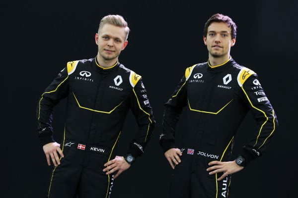 Launch Renault F1, Paris, France, Wednesday 3 February 2016 - L to R): Kevin Magnussen (DEN) Renault Sport Formula One Team with Jolyon Palmer (GBR) Renault Sport Formula One Team.