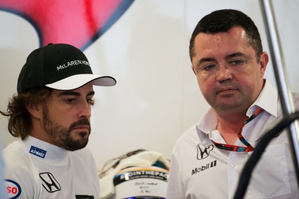 Formula One World Championship 2015, Round 15, Russian Grand Prix, Sochi, Russia, Friday 9 October 2015 - L to R): Fernando Alonso (ESP) McLaren with Eric Boullier (FRA) McLaren Racing Director.