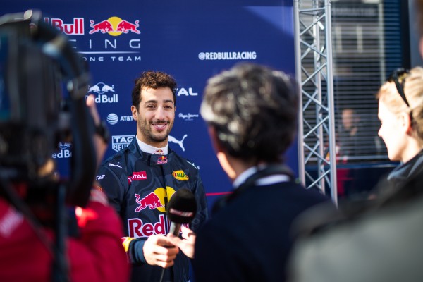 Formula One Testing, Barcelona, Circuit de Catalunya, Barcelona, Spain, Thursday 3 March 2016 - Daniel Ricciardo (AUS) Red Bull Racing with the media.