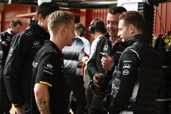 www.sutton-images.com Kevin Magnussen (DEN) Renault Sport F1 Team, Stoffel Vandoorne (BEL) McLaren Test and Development Driver and Eric Boullier (FRA) McLaren Racing Director at Formula One Testing, Day One, Barcelona, Spain, Monday 22 February 2016.