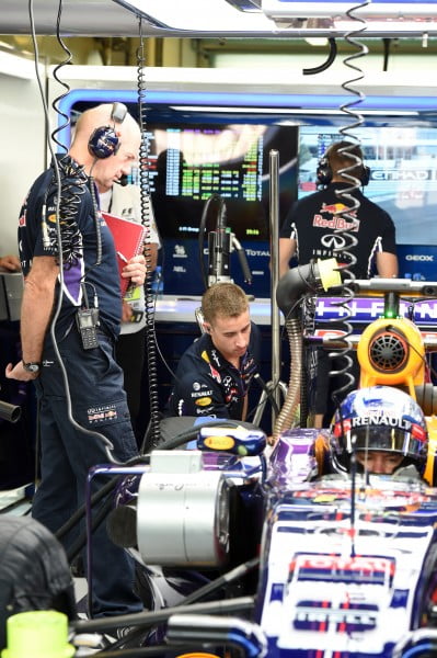 Adrian Newey (GBR) Red Bull Racing Chief Technical Officer looks on at the car of Sebastian Vettel (GER) Red Bull Racing RB10. Formula One World Championship, Rd19, Abu Dhabi Grand Prix, Practice, Yas Marina Circuit, Abu Dhabi, UAE, Friday 21 November 2014.