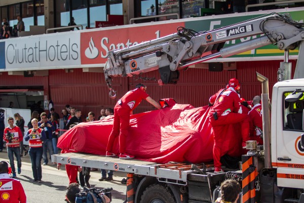 Formula One Testing, Barcelona, Circuit de Catalunya, Barcelona, Spain, Tuesday 1 March 2016 - The Ferrari SF16-H of Kimi Raikkonen (FIN) Ferrari is recovered back to the pits on the back of a truck.