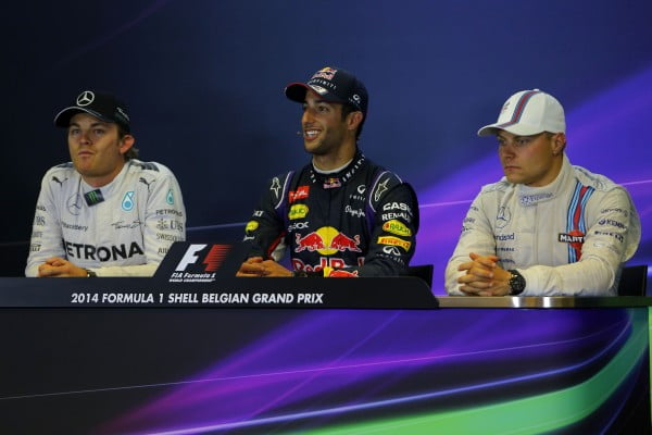 (L to R): Nico Rosberg (GER) Mercedes AMG F1, Daniel Ricciardo (AUS) Red Bull Racing and Valtteri Bottas (FIN) Williams in the Press Conference. Formula One World Championship, Rd12, Belgian Grand Prix, Race Day, Spa-Francorchamps, Belgium, Sunday 24 August 2014.