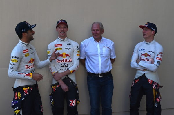 www.sutton-images.com Dr Helmut Marko (AUT) Red Bull Motorsport Consultant with Daniel Ricciardo (AUS) Red Bull Racing, Daniil Kvyat (RUS) Red Bull Racing and Max Verstappen (NED) Scuderia Toro Rosso at Formula One World Championship, Rd19, Abu Dhabi Grand Prix, Race, Yas Marina Circuit, Abu Dhabi, UAE, Sunday 29 November 2015.