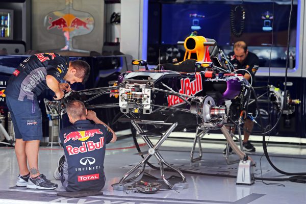 Formula One World Championship 2015, Round 5, Spannish Grand Prix, Barcelona, Spain, Thursday 7 May 2015 - Red Bull Racing RB11 being prepared in the pit garage.