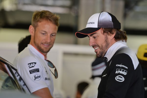 Formula One World Championship 2016, Round 3, Chinese Grand Prix, Shanghai, China, Sunday 17 April 2016 - L to R): Jenson Button (GBR) McLaren with Fernando Alonso (ESP) McLaren on the drivers parade.