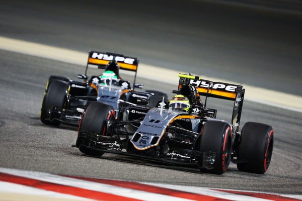 Formula One World Championship 2016, Round 2, Bahrain Grand Prix, Manama, Bahrain, Sunday 3 April 2016 - Sergio Perez (MEX) Sahara Force India F1 VJM09 leads team mate Nico Hulkenberg (GER) Sahara Force India F1 VJM09.