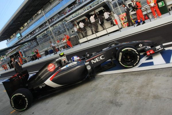 Formula One World Championship 2014, Round 16, Russian Grand Prix, Sochi, Russia, Friday 10 October 2014 - Sergey Sirotkin (RUS) Sauber C33 Test Driver leaves the pits.