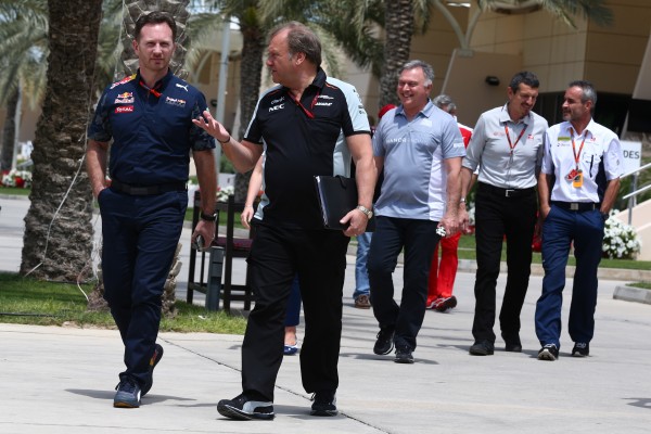 Formula One World Championship 2016, Round 2, Bahrain Grand Prix, Manama, Bahrain, Sunday 3 April 2016 - Team principals 'meeting to discuss about the qualifying system. Christian Horner (GBR), Red Bull Racing, Sporting Director and Robert Fernley (GBR) Sahara Force India F1 Team Deputy Team Principal.
