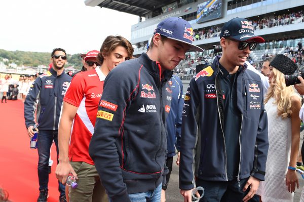 www.sutton-images.com Max Verstappen (NED) Scuderia Toro Rosso and Daniil Kvyat (RUS) Red Bull Racing on the drivers parade at Formula One World Championship, Rd15, Russian Grand Prix, Race, Sochi Autodrom, Sochi, Krasnodar Krai, Russia, Sunday 11 October 2015.