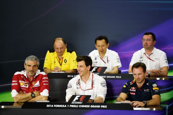 Formula One World Championship 2016, Round 3, Chinese Grand Prix, Shanghai, China, Friday 15 April 2016 - The FIA Press Conference (From back row (L to R)): Frederic Vasseur (FRA) Renault Sport F1 Team Racing Director; Yusuke Hasegawa (JPN) Head of Honda F1 Programme; Eric Boullier (FRA) McLaren Racing Director; Maurizio Arrivabene (ITA) Ferrari Team Principal; Toto Wolff (GER) Mercedes AMG F1 Shareholder and Executive Director; Christian Horner (GBR) Red Bull Racing Team Principal.