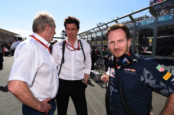 www.sutton-images.com Dr Helmut Marko (AUT) Red Bull Motorsport Consultant, Toto Wolff (AUT) Mercedes AMG F1 Director of Motorsport and Christian Horner (GBR) Red Bull Racing Team Principal on the grid at Formula One World Championship, Rd1, Australian Grand Prix, Race, Albert Park, Melbourne, Australia, Sunday 20 March 2016.