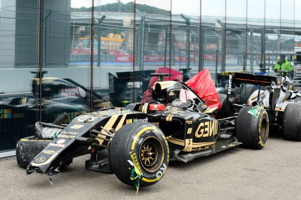 www.sutton-images.com The recovered car of Romain Grosjean (FRA) Lotus E23 Hybrid after crashing out of the race at Formula One World Championship, Rd15, Russian Grand Prix, Race, Sochi Autodrom, Sochi, Krasnodar Krai, Russia, Sunday 11 October 2015. BEST IMAGE