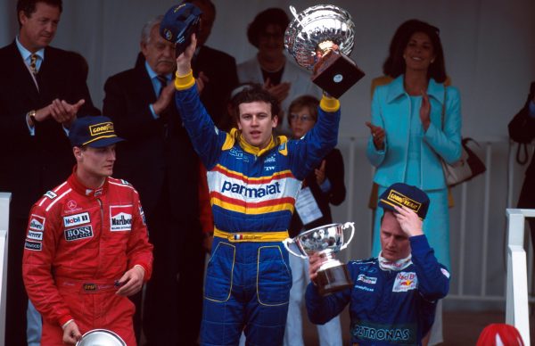 L to R: David Coulthard 2nd Winner Olivier Panis and Johnny Herbert 3rd Monaco Grand Prix, Monte Carlo, 19th May 1996
