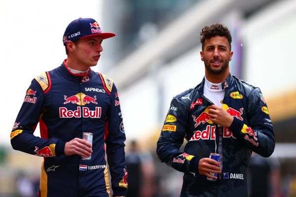 SHANGHAI, CHINA - APRIL 14: Daniel Ricciardo of Australia and Red Bull Racing and Max Verstappen of Netherlands and Scuderia Toro Rosso talk in the Pitlane during previews to the Formula One Grand Prix of China at Shanghai International Circuit on April 14, 2016 in Shanghai, China. (Photo by Dan Istitene/Getty Images)