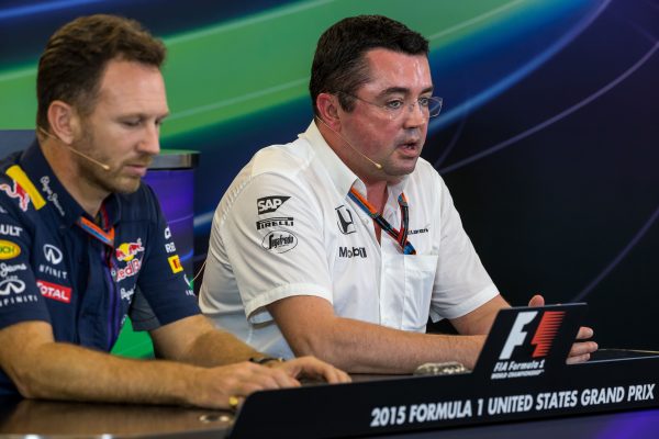 Formula One World Championship 2015, Round 16, United States Grand Prix, Austin, USA, Friday 23 October 2015 - L to R): Christian Horner (GBR) Red Bull Racing Team Principal and Eric Boullier (FRA) McLaren Racing Director in the FIA Press Conference.