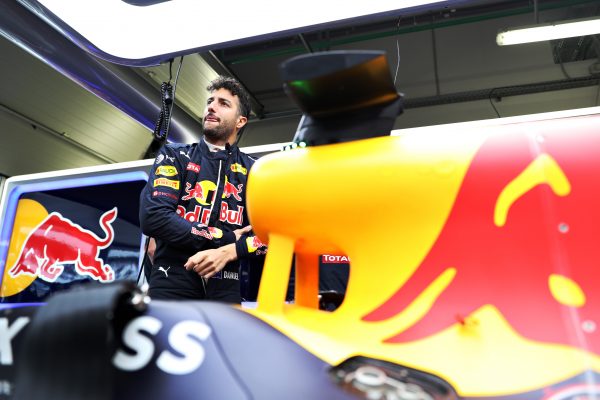 SOCHI, RUSSIA - APRIL 30: Daniel Ricciardo of Australia and Red Bull Racing in the garage during qualifying for the Formula One Grand Prix of Russia at Sochi Autodrom on April 30, 2016 in Sochi, Russia. (Photo by Mark Thompson/Getty Images)