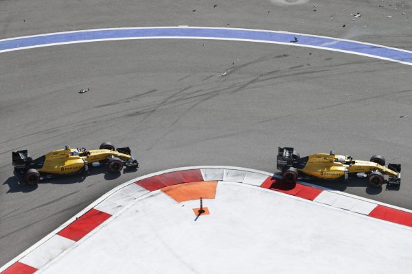 Formula One World Championship 2016, Round 4, Russian Grand Prix, Sochi, Russia, Sunday 1 May 2016 - Kevin Magnussen (DEN) Renault Sport F1 Team RS16 leads team mate Jolyon Palmer (GBR) Renault Sport F1 Team RS16.