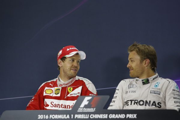www.sutton-images.com Sebastian Vettel (GER) Ferrari and Nico Rosberg (GER) Mercedes AMG F1 in the Press Conference at Formula One World Championship, Rd3, Chinese Grand Prix, Race, Shanghai, China, Sunday 17 April 2016.