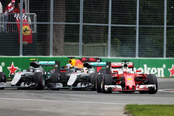 Formula One World Championship 2016, Round 7, Canadian Grand Prix, Montreal, Canada, Sunday 12 June 2016 - Sebastian Vettel (GER) Ferrari SF16-H leads Lewis Hamilton (GBR) Mercedes AMG F1 W07 Hybrid and Nico Rosberg (GER) Mercedes AMG F1 W07 Hybrid at the start of the race.