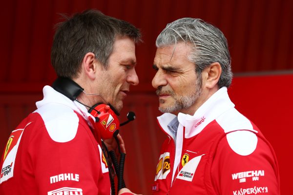 Formula One Testing, Barcelona, Circuit de Catalunya, Barcelona, Spain, Wednesday 24 February 2016 - L to R): James Allison (GBR) Ferrari Chassis Technical Director with Maurizio Arrivabene (ITA) Ferrari Team Principal.