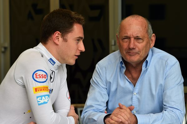 www.sutton-images.com Stoffel Vandoorne (BEL) McLaren and Ron Dennis (GBR) McLaren Executive Chairman at Formula One World Championship, Rd2, Bahrain Grand Prix Practice, Bahrain International Circuit, Sakhir, Bahrain, Friday 1 April 2016.