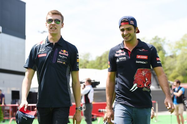 www.sutton-images.com Daniil Kvyat (RUS) Red Bull Racing and Carlos Sainz jr (ESP) Scuderia Toro Rosso at Formula One World Championship, Rd5, Spanish Grand Prix Preparations, Barcelona, Spain, Thursday 7 May 2015.