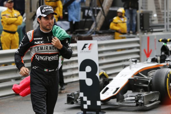 www.sutton-images.com Sergio Perez (MEX) Force India celebrates in parc ferme at Formula One World Championship, Rd6, Monaco Grand Prix, Race, Monte-Carlo, Monaco, Sunday 29 May 2016. BEST IMAGE