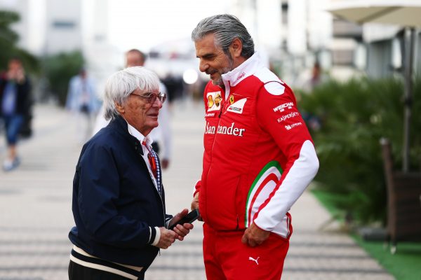 Formula One World Championship 2016, Round 4, Russian Grand Prix, Sochi, Russia, Saturday 30 April 2016 - L to R): Bernie Ecclestone (GBR) with Maurizio Arrivabene (ITA) Ferrari Team Principal.