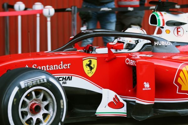 Formula One Testing, Barcelona, Circuit de Catalunya, Barcelona, Spain, Friday 4 March 2016 - Sebastian Vettel (GER) Ferrari SF16-H running the Halo cockpit cover.