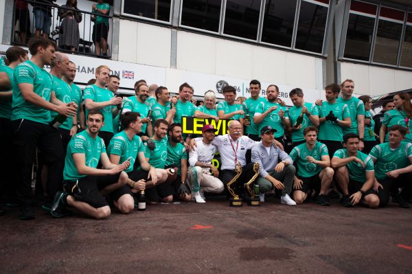 Formula One World Championship 2016, Round 6, Monaco Grand Prix, Monte Carlo, Monaco, Sunday 29 May 2016 - Race winner Lewis Hamilton (GBR) Mercedes AMG F1 celebrates with the team.
