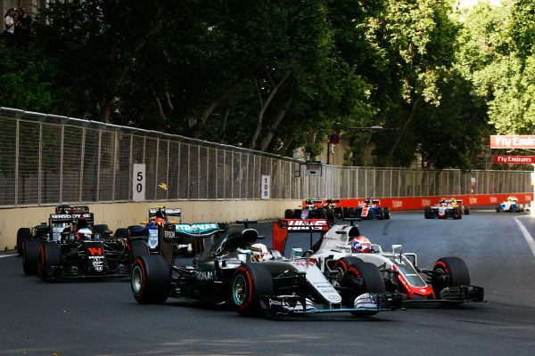 Formula One World Championship 2016, Round 8, European Grand Prix, Baku, Azerbaijan, Sunday 19 June 2016 - Lewis Hamilton (GBR) Mercedes AMG F1 W07 Hybrid and Romain Grosjean (FRA) Haas F1 Team VF-16 battle for position.