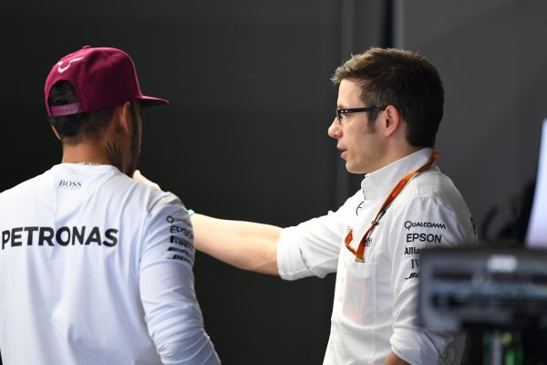 www.sutton-images.com Lewis Hamilton (GBR) Mercedes AMG F1 and Peter Bonnington (GBR) Mercedes AMG F1 Race Engineer at Formula One World Championship, Rd5, Spanish Grand Prix, Preparations, Barcelona, Spain, Thursday 12 May 2016.