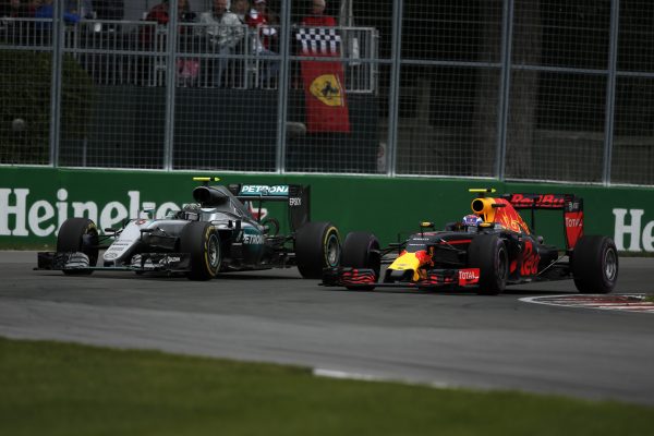 www.sutton-images.com Nico Rosberg (GER) Mercedes-Benz F1 W07 Hybrid and Max Verstappen (NED) Red Bull Racing RB12 battle for position at Formula One World Championship, Rd7, Canadian Grand Prix, Race, Montreal, Canada, Sunday 12 June 2016.