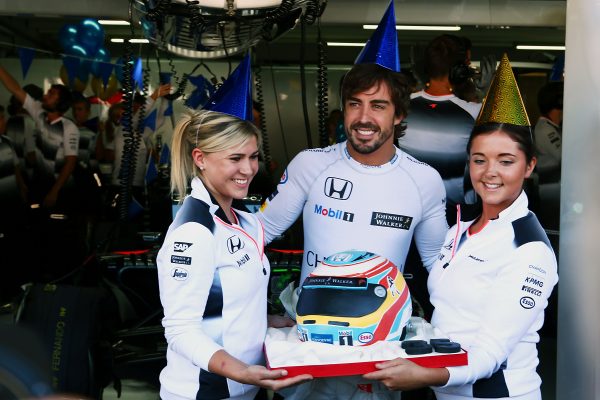 Formula One World Championship 2016, Round 12, German Grand Prix, Hockenheim, Germany, Friday 29 July 2016 - Fernando Alonso (ESP) McLaren celebrates his 35th birthday with a cake from the team.