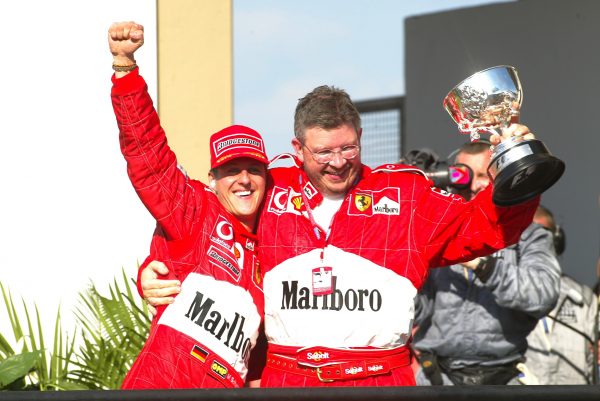 Michael Schumacher (GER) Ferrari F1 2002 and Ross Brawn (GBR) Ferrari Technical Director Brazilian Grand Prix, Interlagos, Sao Paulo, Brazil. 31 March 2002 DIGITAL IMAGE