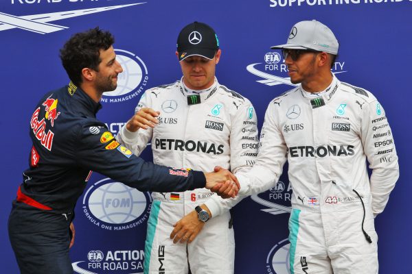 Formula One World Championship 2016, Round 12, German Grand Prix, Hockenheim, Germany, Saturday 30 July 2016 - Qualifying top three in parc ferme (L to R): Daniel Ricciardo (AUS) Red Bull Racing, third; Nico Rosberg (GER) Mercedes AMG F1, pole position; Lewis Hamilton (GBR) Mercedes AMG F1, second.